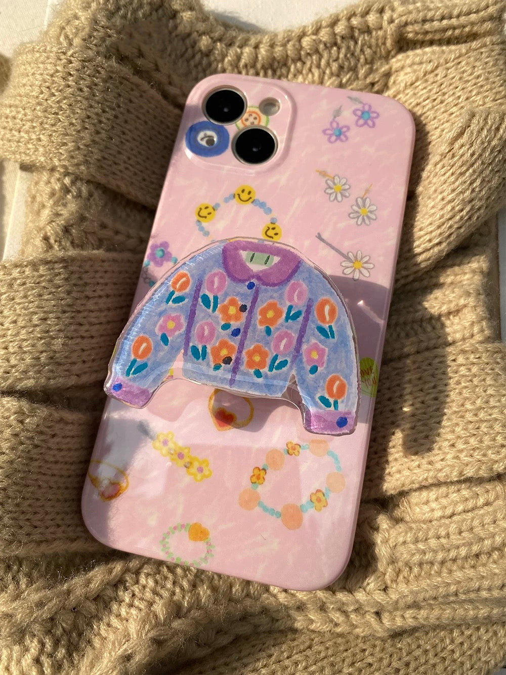 PopSocket Çiçekli Hırka Tasarımlı - Yapışkanlı Telefon Tutacağı