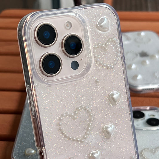 İnci Kalp Desenli Simli Şeffaf Telefon Kılıfı - Zarif ve Koruyucu Kapak
