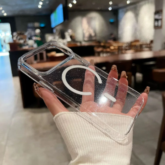 Simli Şeffaf MagSafe Uyumlu Sert Telefon Kılıfı – İnce ve Işıltılı Tasarım