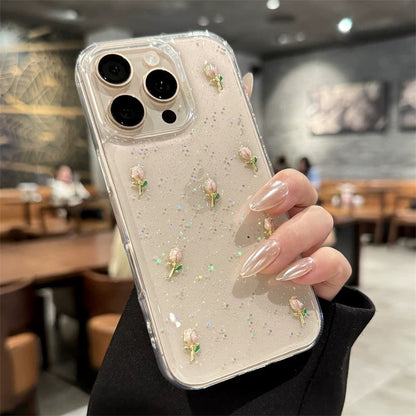 Minik Pembe Güllü Işıltılı Şeffaf iPhone Kılıfı – Zarif ve Koruyucu Tasarım