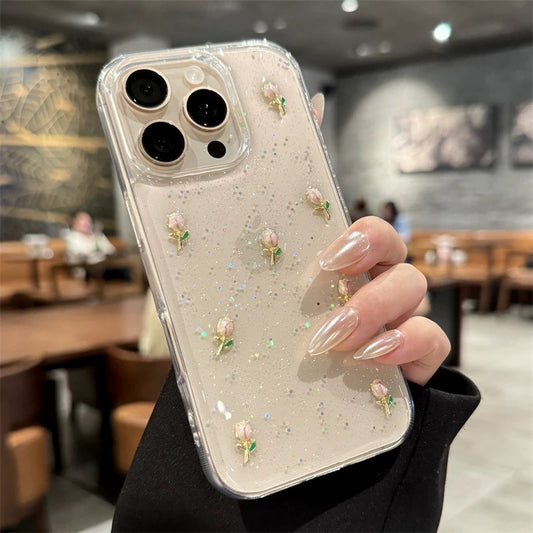 Minik Pembe Güllü Işıltılı Şeffaf iPhone Kılıfı – Zarif ve Koruyucu Tasarım