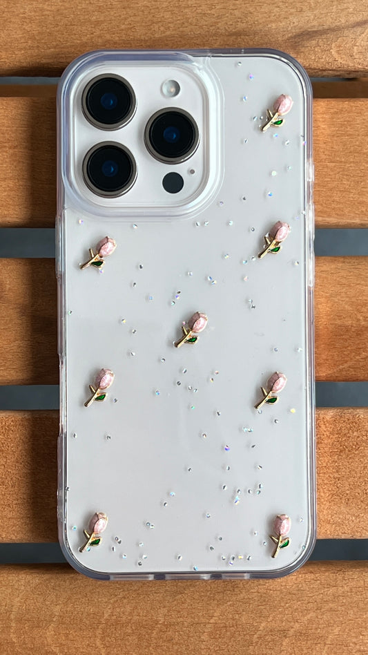 Minik Pembe Güllü Işıltılı Şeffaf iPhone Kılıfı – Zarif ve Koruyucu Tasarım