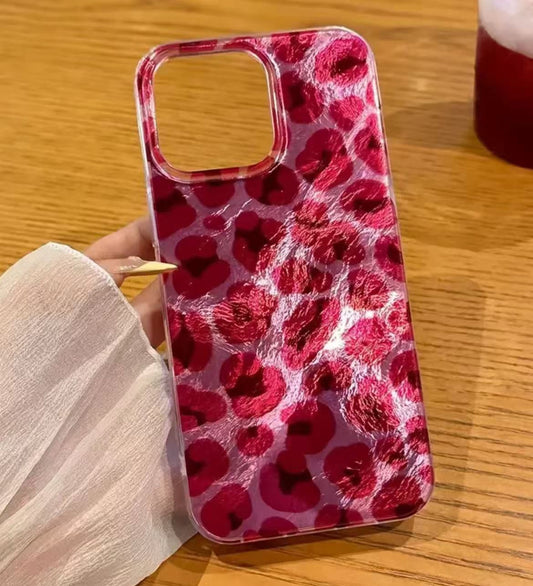 Kırmızı Leopar Desenli Parlak Telefon Kılıfı - Şeffaf Koruyucu Kapak