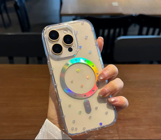 Çiçek, Kalp ve Yıldız Desenli Şeffaf MagSafe Uyumlu Kılıf - Parlak Holografik Efektli
