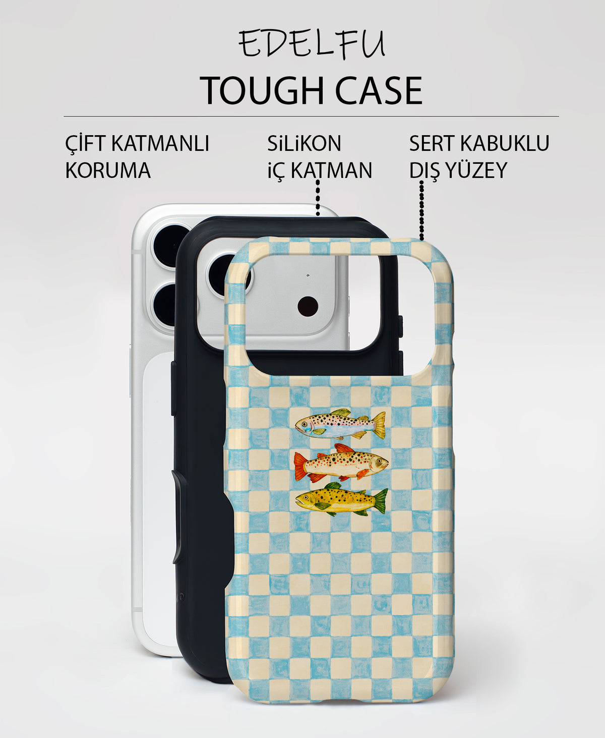Damalı Temalı Balıklar, Parlak Çift Katmanlı, Tough Telefon Kılıfı