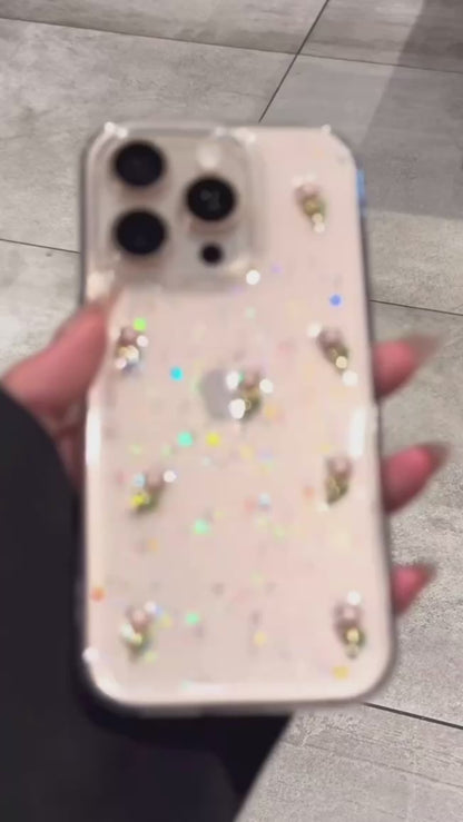 Minik Pembe Güllü Işıltılı Şeffaf iPhone Kılıfı – Zarif ve Koruyucu Tasarım