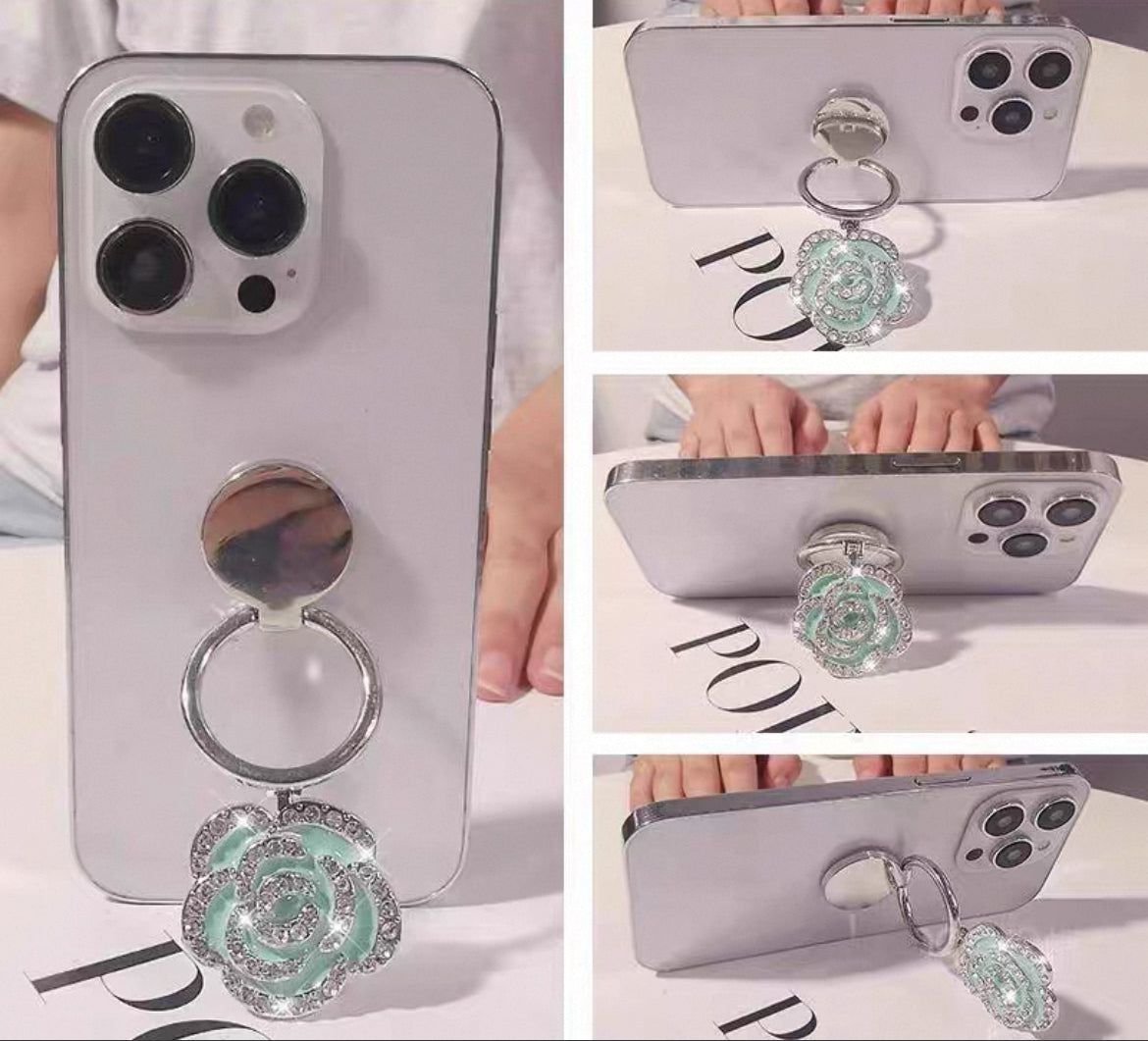 Taşlı Gül Tasarımlı Telefon Yüzüğü | 360° Döner Stand & Parmak Tutucu